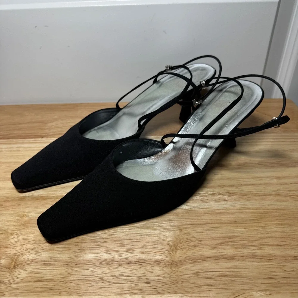 Stuart Weitzman Black Satin Pointed Toe Kitten Heels Rhinestone Straps Womens 8M